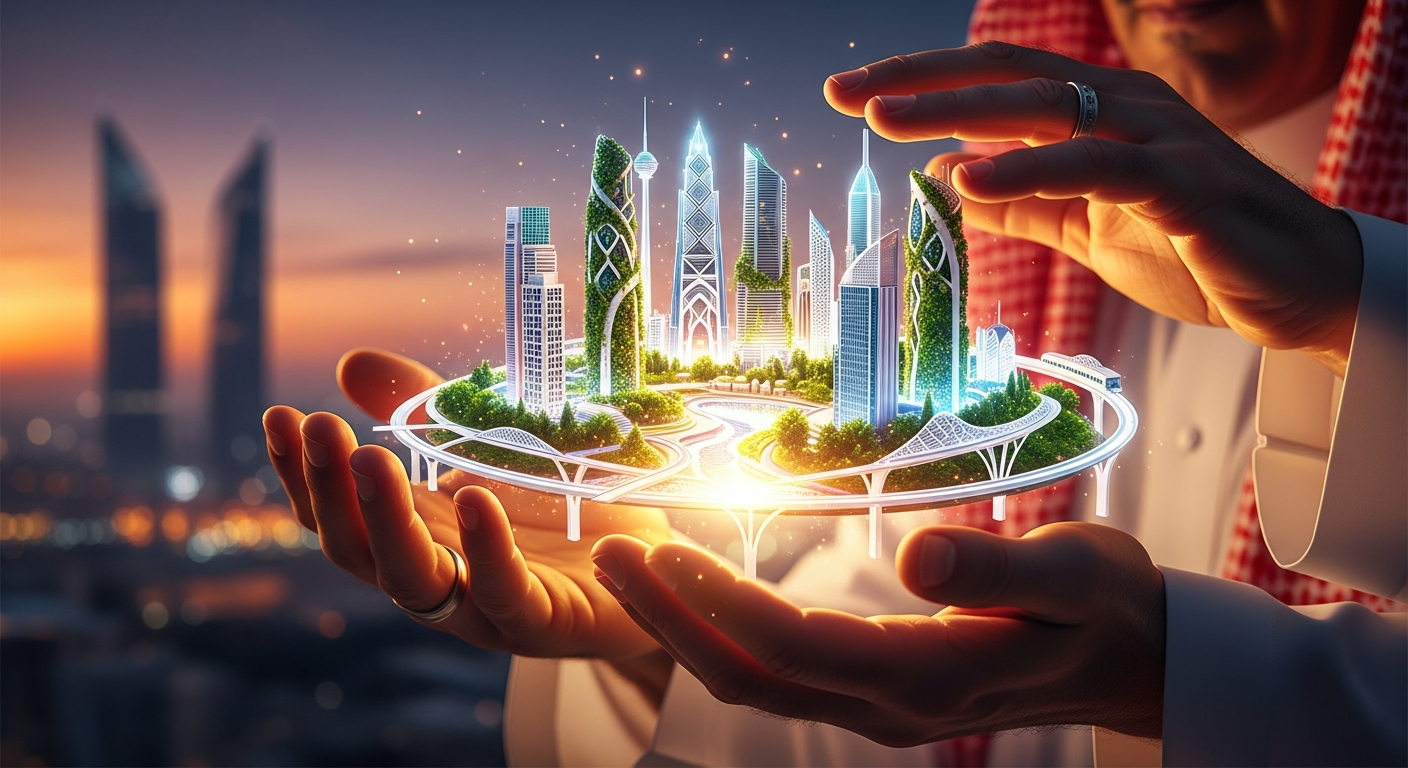 A leader's hands holding a holographic model of a smart city in Saudi Arabia, symbolizing human-centric urban planning and digital infrastructure.
